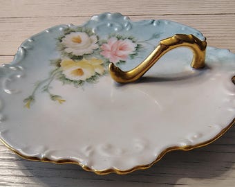 Vintage Nappy RING Dish Hand Painted Blue, Pink Yellow Roses Gold Handle Signed 1967