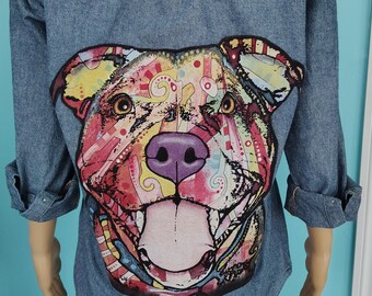 Upcycled Blue Denim Shirt with PITTIE Dog Graphic Embroidered HEART Handmade Sustainable Clothing Size: Small