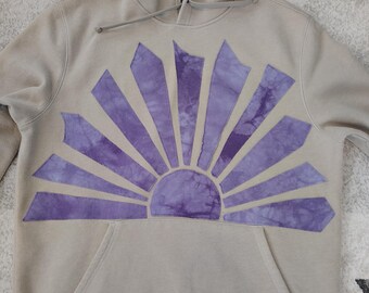 Tan Hoodie with PURPLE SUNSHINE Upcycled Sweatshirt Pocket Oversized Streetwear Size: L