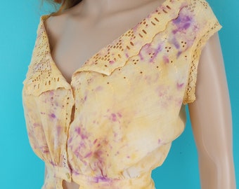 Batik Baumwolle Ösen Bluse YELLOW & VIOLET Vintage Upcycled Cottagecore Prairie Größe: S 38 büste