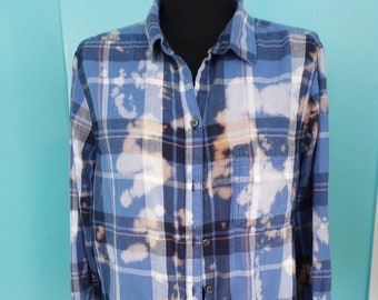 UPCYCLED Blue Plaid Flannel Bleach Splattered Cottagecore BOHO Country Concert Festival Clothing Size: XLarge