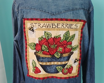 STRAWBERRY & Honey Bee Denim Upcycled Shirt Jacket Handmade Cottagecore Farm Chore Coat Large