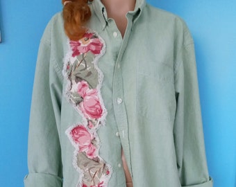 Green Plus Size Shirt Floral Ruffles with Raw Edges Cottagecore Upcycled BOHO Concert Festival Clothing Size: XLarge