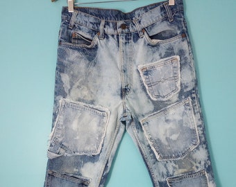 Upcycled Patchwork CARGO Jeans with lots of POCKETS Bleached Denim Distressed and Frayed Size: 34" waist