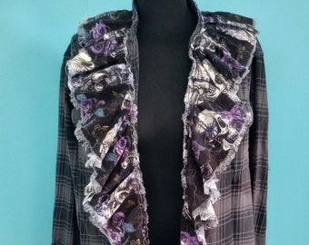 Gray & Black Flannel Halloween SKULL Shirt Ruffles Purple Roses Spider Upcycled Cottage core Clothing Size: Medium