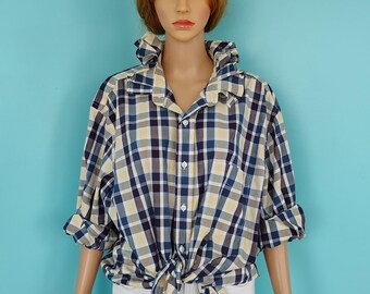 Upcycled Blue, Purple & Yellow CLASSIC Plaid Blouse with Ruffle Collar Size: XXL