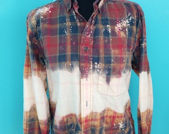 Bleach Splattered Plaid SHIRT Cottagecore Navy & Red BOHO Festival Clothing Size: Small