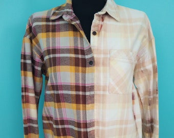 Pink, Brown & Yellow Plaid Flannel Cottagecore Half Bleach Dyed BOHO Festival Clothing Size: Medium