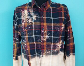 Bleach Splattered Plaid Flannel Cottagecore Navy, Red & Gold BOHO Festival Clothing Size: Large