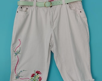 White Denim Capri Jeans Upcycled PINK & Blue Floral Embroidery, PLUS Size 20W