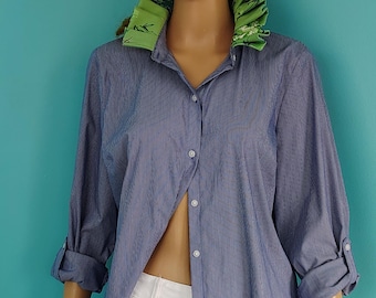 Blue Striped Shirt with Green Floral RUFFLE Collar Upcycled Size: Medium