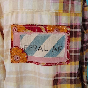 Split Bleached Flannel shirt with Handmade KANTHA Floral FERAL Patch Medium