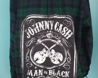 Green & Blue Plaid Flannel Shirt Johnny CASH The Man in Black Upcycled Cottagecore Bohemian Size: XSmall/Small