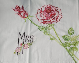 MR & MRS Vintage Embroidered Pillowcases Handmade Set of 2 Red Roses and Lace