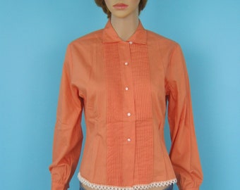 Vintage Tuxedo Blouse Coral/Orange with Vintage Lace Trim Cropped & Upcycled CHESTERFIELD Womens TUX Top with Pearl Buttons Size: Small