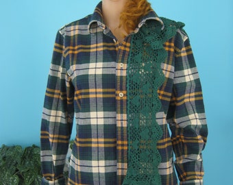 Upcycled Plaid Flannel, Green Crochet Lace, BOHO Festival Top, Medium