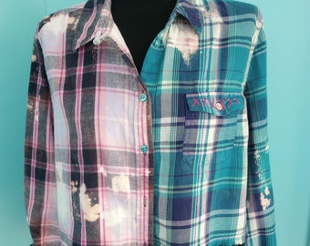 Purple & Turquoise Mis-Matched Patchwork Bleached Flannel Shirt Upcycled Cottagecore BOHO Country Concert Festival Clothing Size: M/L