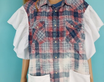 PINK & BLUE Summer Flannel with Ruffled Sleeves Bleached Plaid Flannel Shirt Upcycled Cottagecore Bohemian PLUS Size: 2X