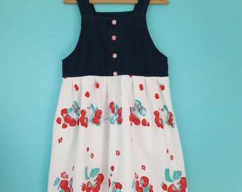 STRAWBERRY Upcycled Vintage Tablecloth Denim BESPOKE Dress Handmade Buttons and POCKETS Cottage core Size: Medium