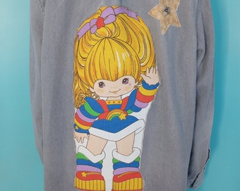 RAINBOW BRITE Upcycled Gray Denim Shirt Vintage 80's Kitsch Clothing Size: Large/XLarge