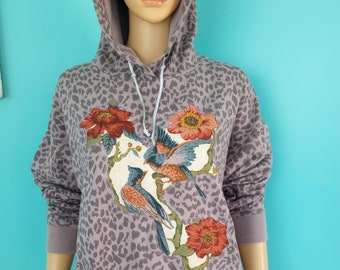 PURPLE Animal print Sweatshirt Hoodie UPCYCLED floral Birds Oversized Streetwear Size: Small/Medium