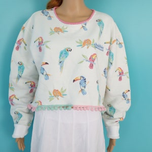 KITSCHY Pastel Parrot & Toucan Cropped Sweatshirt Street Wear Upcycled Pom-Pom Trim Size: Large/XLarge Chubbies Ambassador image 3