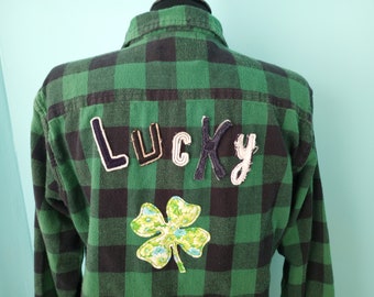 LUCKY Green Plaid Upcycled Flannel Four Leaf Clover IRISH St Patrick's Day Shamrock Cottage Core Size: Medium