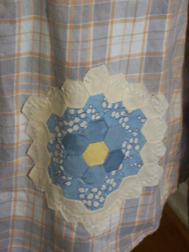 Blue Plaid Bleached Flannel Shirt-Vintage Quilt Squares-DREAM-Altered Country Girl Festival Clothing-Size Large