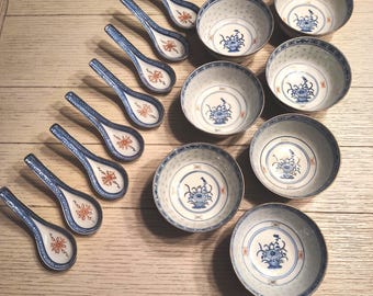 Vintage ASIAN Rice Bowls & Spoons Hand Painted Porcelain 15 Pieces GOLD Trim FLAWS