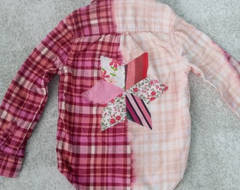Upcycled Flannel Shirt: Bleach Dyed Plaid with Quilt Star, Girls Size 6