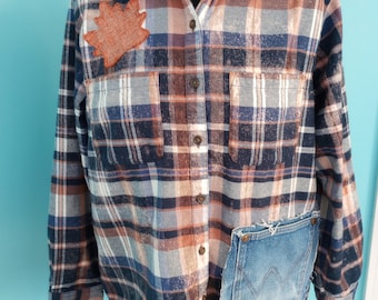 Blue & Orange Upcycled Plaid Flannel Shirt FALL Leaves DENIM Pocket Bleach Splattered Cottagecore Bohemian Size: Medium