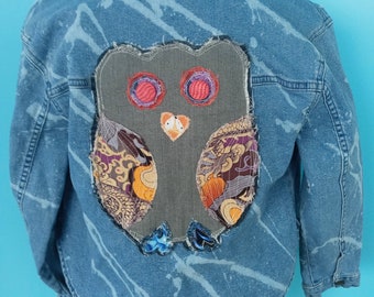 Bleach Splattered Denim Shirt: Handmade Owl Patch, Kids Size 10/12