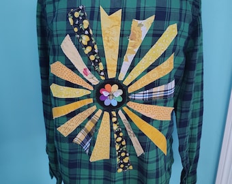 Green Plaid Flannel Patchwork Scrappy SUNSHINE Upcycled Handmade Cottagecore Boho Size: Large