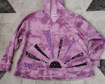 PURPLE Tie Dye Oversized Hoodie with Quilted SUNRISE Handmade UPCYCLED Plus Size: 3X