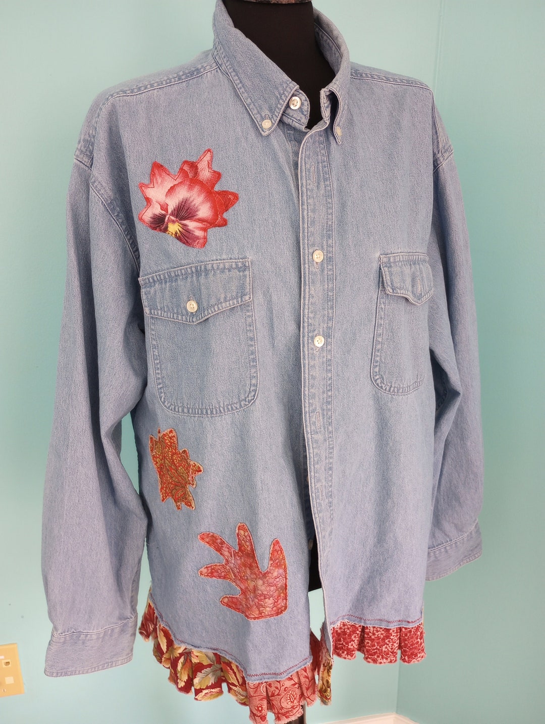 Upcycled DENIM FALL Leaves & Ruffles Shirt Patchwork - Etsy