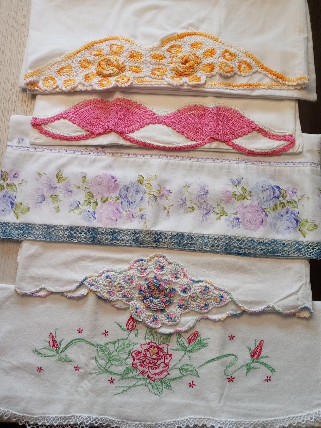 Vintage hand embroidered pillowcases mis matched lot of 5 etsy