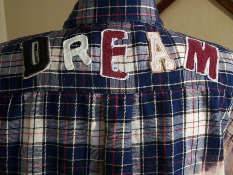 Blue Plaid Bleached Flannel Shirt-Vintage Quilt Squares-DREAM-Altered Country Girl Festival Clothing-Size Large