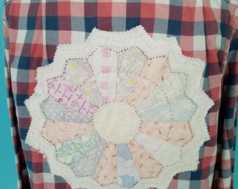 Upcycled Plaid Shirt: Vintage Quilted Star, Boho Festival (Size Medium)