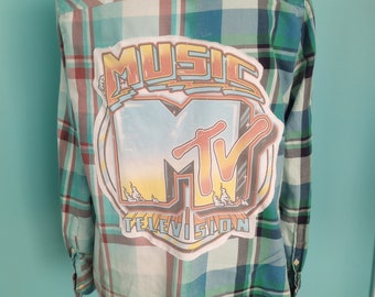 Upcycled MTV Flannel Shirt: Bleach Splattered Plaid, Bohemian Cottagecore (Size Medium)