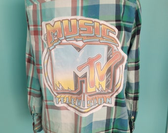 Green Blue Plaid Flannel Shirt MTV Music Television Vintage Graphic Upcycled Bleach Splattered Cottagecore Bohemian Size: Medium 8