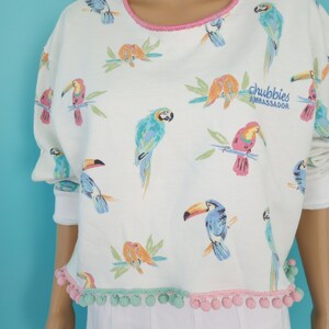 KITSCHY Pastel Parrot & Toucan Cropped Sweatshirt Street Wear Upcycled Pom-Pom Trim Size: Large/XLarge Chubbies Ambassador image 2