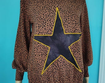 Brown Animal Print Sweatshirt with STAR cut-out GOLD trim UPCYCLED Oversized Streetwear Size: Small