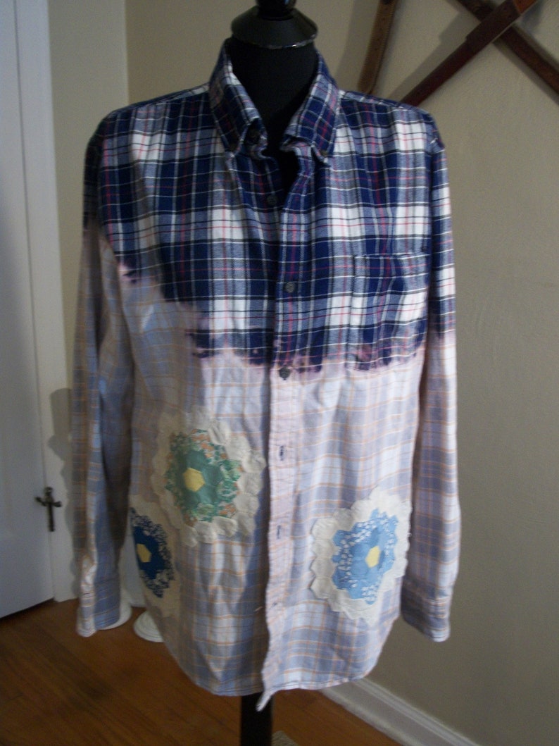 Blue Plaid Bleached Flannel Shirt-Vintage Quilt Squares-DREAM-Altered Country Girl Festival Clothing-Size Large