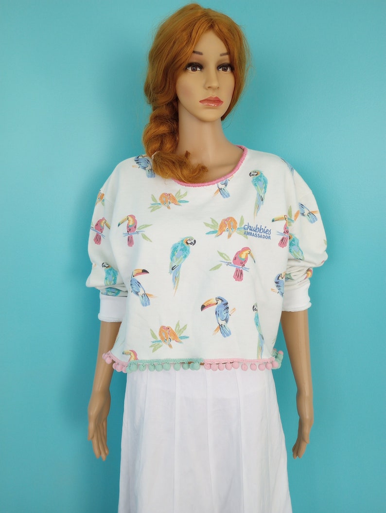 KITSCHY Pastel Parrot & Toucan Cropped Sweatshirt Street Wear Upcycled Pom-Pom Trim Size: Large/XLarge Chubbies Ambassador image 1