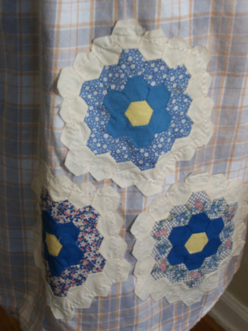 Blue Plaid Bleached Flannel Shirt-Vintage Quilt Squares-DREAM-Altered Country Girl Festival Clothing-Size Large