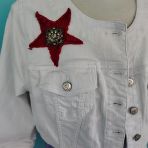 White Denim STAR Cropped Summer Jacket PLUS Size Distressed & Frayed Stars Vintage Pin BOHO Festival Clothing Torrid Plus 1X Size: 14/16