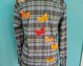 Green Gray Plaid Flannel with ORANGE Butterflies Patchwork Scrappy Upcycled Handmade Cottagecore Boho Size: Medium