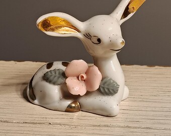 BAMBI Vintage Deer Fawn Figurine Gold Pink Rose Kitsch CHASE Made in Japan