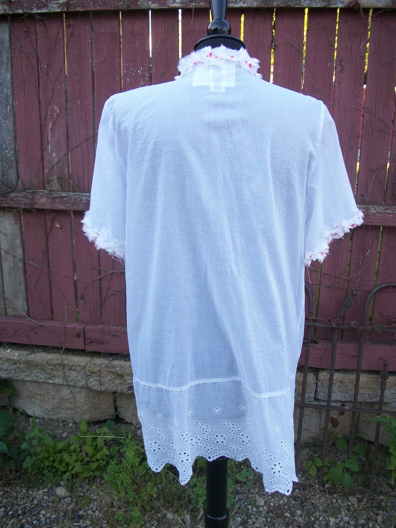 Large Pink Flamingo White Summer Duster Tunic with Pockets BOHO Blouse with Ruffle Festival Gypsy Upcycled Clothing Summer Size