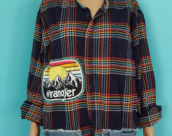RAINBOW Plaid Flannel Jacket WRANGLER Patch Turquoise Stitching Upcycled Handmade Size: XLarge